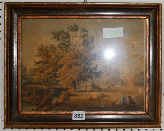 English School c.1800, watercolour, Figures by a river